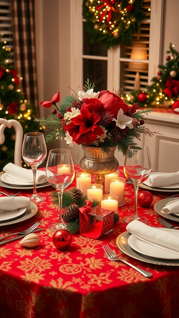 An elegant Christmas dinner table setting for four with red and gold decor, featuring a floral centerpiece and festive decorations.